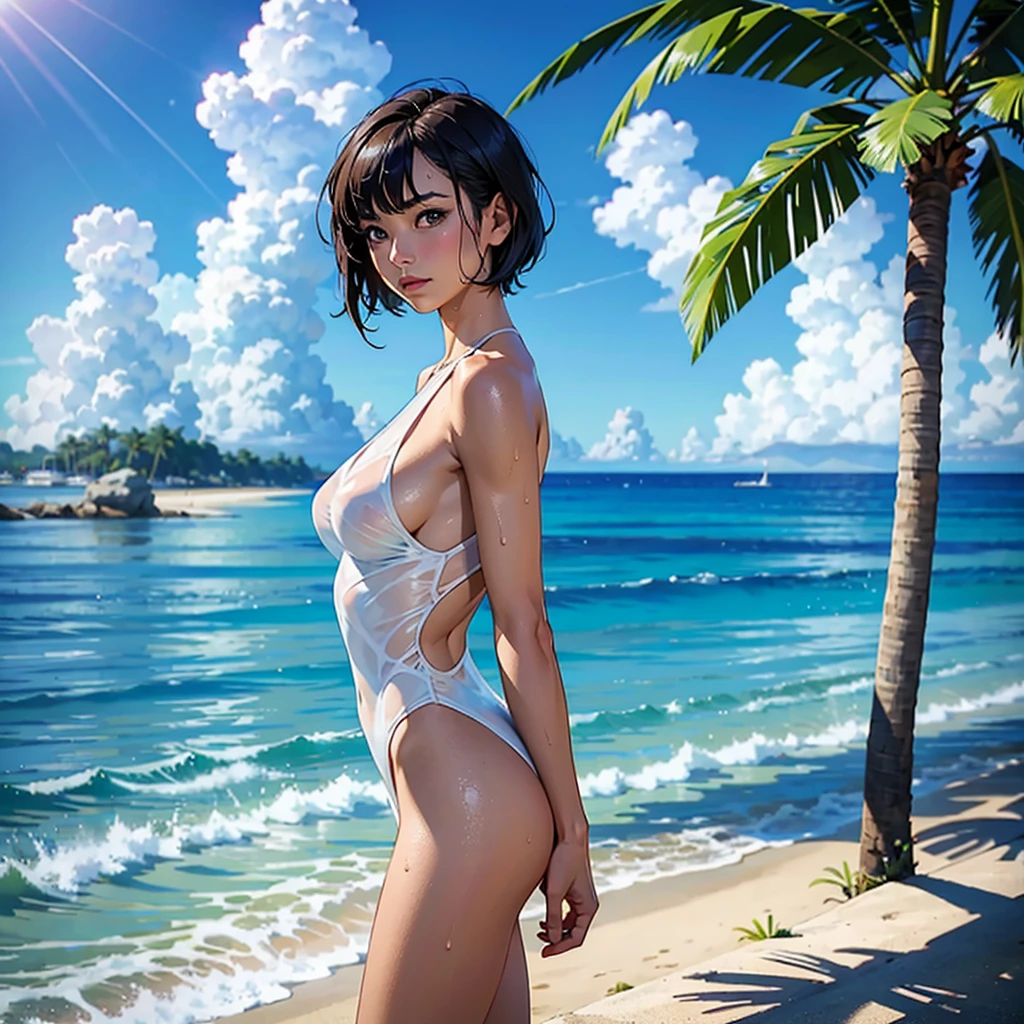 ((highest quality, masterpiece, High resolution)), ((reality)),Photos of beautiful Japanese women,((anime art))、 (((1 girl))), normal size breasts, slim body shape, medium short hair, double eyelid, Wet see-through one-piece swimsuit,, A pareo with bold ethnic patterns and plenty of primary colors、realistic skin、Wet,whole body,cinematic light、tropical、Against the background of palm trees on both sides、on a sunny beach、With the sea in the background、blur background、Clean abs,
