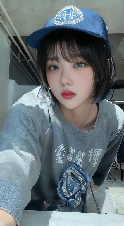 there is a boy with a hat and gray shirt, with short hair and natural blue eyes, jaeyeon nam, chiho, ulzzang, jinyoung shin, chen xintong, Yanjun Chengt, Ishida Sui with black hair, Chiho Ashima, the hime cut, cai xukun, heonhwa choe, with bangs, Ishida Sui