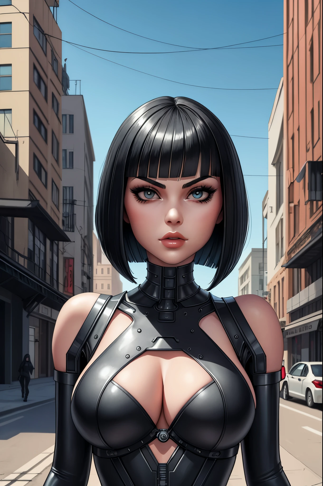 1 beautiful female, heavy metal , bobcut, fututristic, city street
