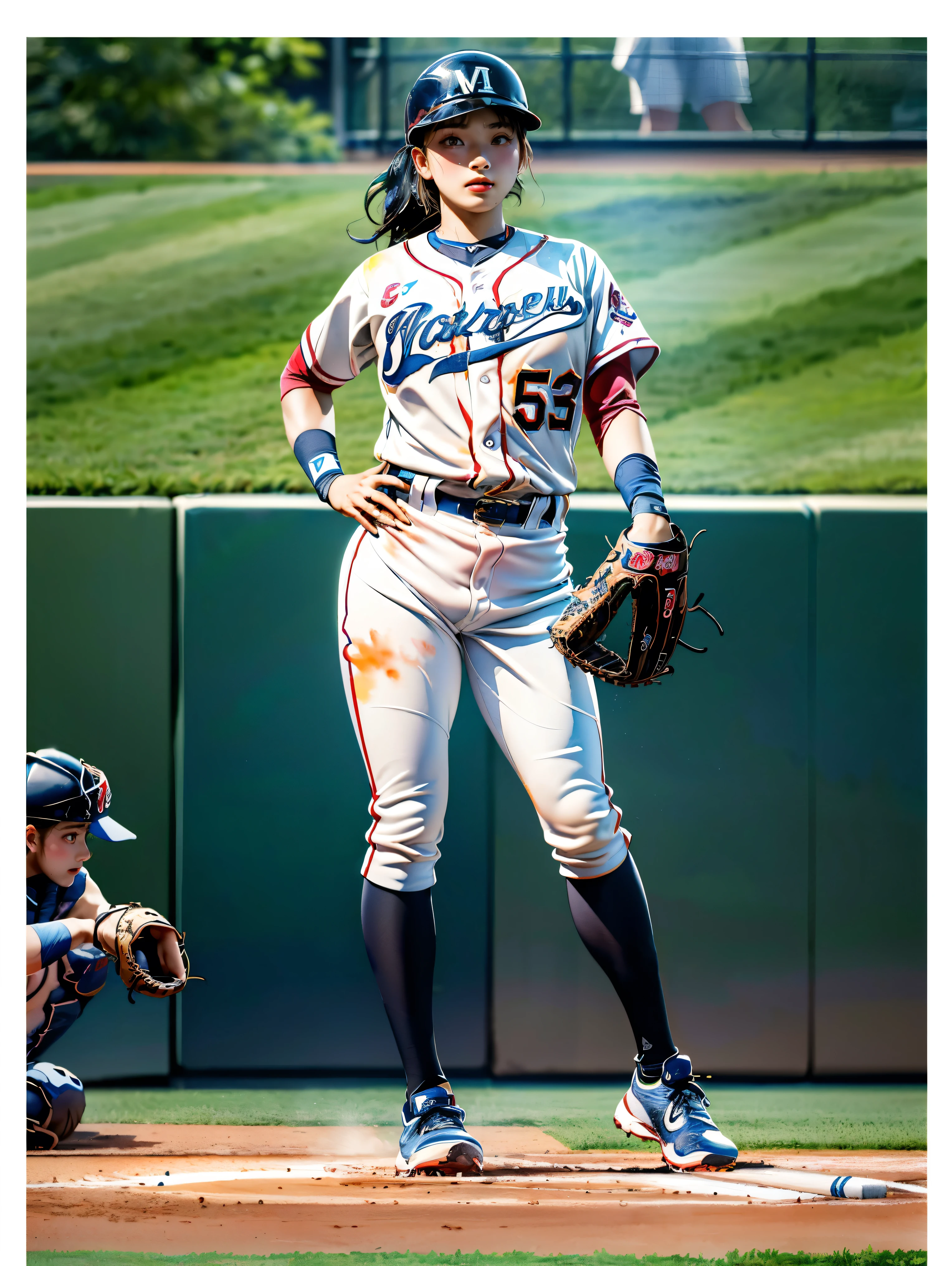 (Best quality, watercolor painting, colorful, sharp focus), (full body, wide angle shot), (1 cute Japanese girl), ((Baseball athlete):1.1), (Nana Komatsu), Jackson Pollock action painting, kinetic expression, colorful hair, (Splash and Drip Art Minimalism:1.1), koshien stadium background, style painting magic
