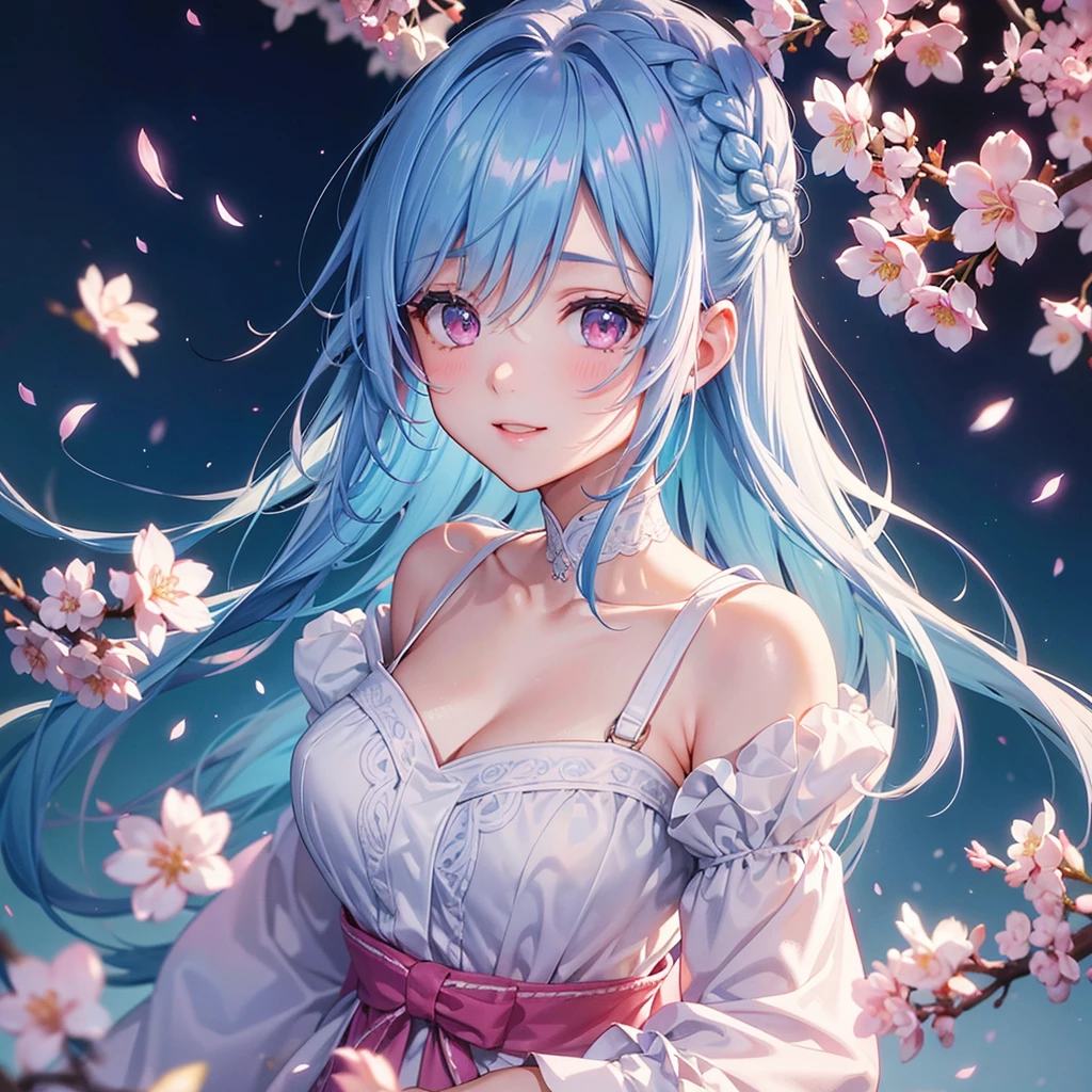 (Sky blue medium hair),(Braided hair tied together)、Pink eyes、Fair skin、(whole body)、(One Girl)、(Recruitment Suit)、Cherry Blossoms at Night、A big smile、、(masterpiece、Highest quality、Very detailed、Best Shadow)、(Detailed Background)、(Beautifully detailed face)、High contrast、(Best lighting、Very delicate and beautiful)、((Cinematic Light))、colorful、Hyper Detail、Dramatic Light、Exquisite detail、