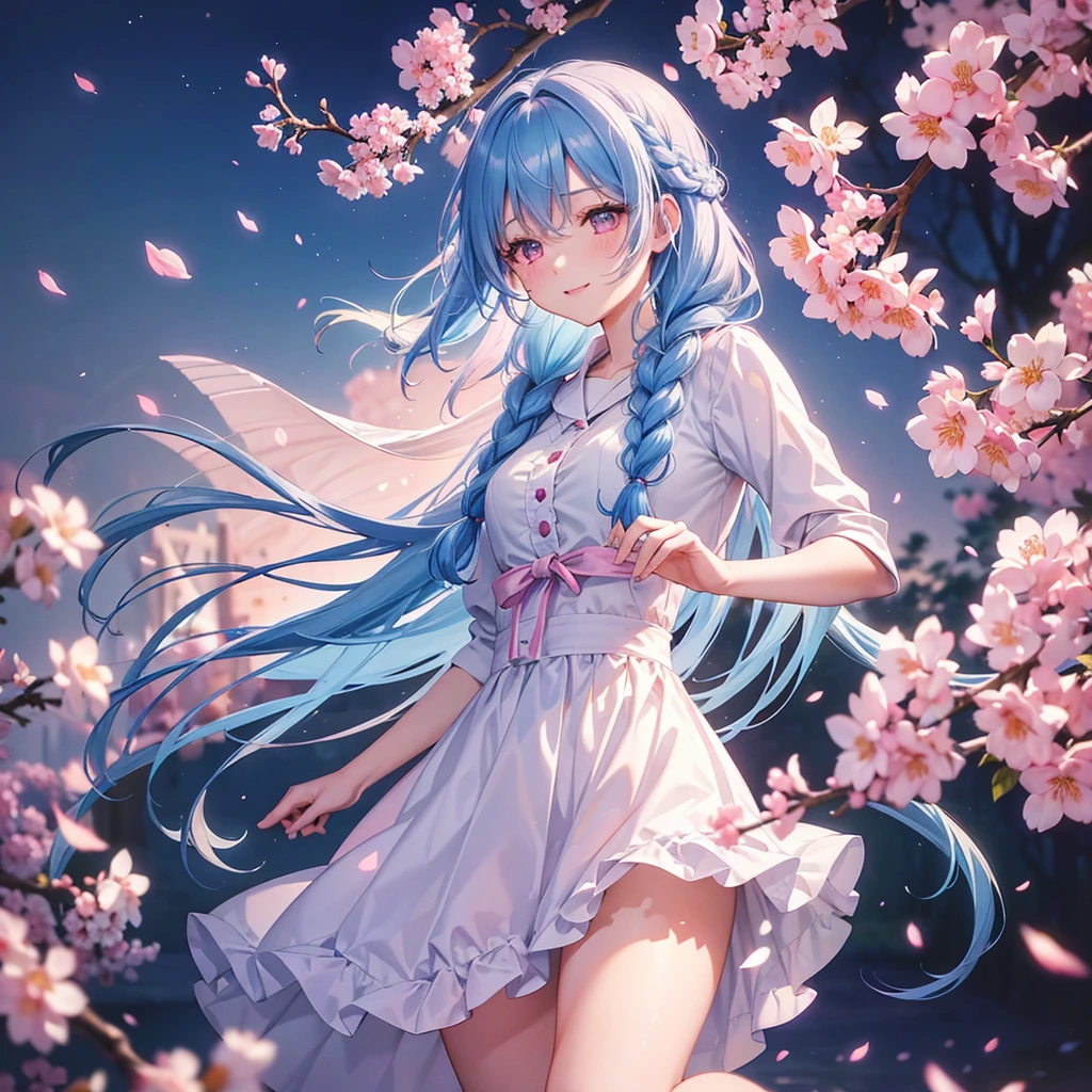 (Sky blue medium hair),(Braided hair tied together)、Pink eyes、Fair skin、(whole body)、(One Girl)、(Recruitment Suit)、Cherry Blossoms at Night、A big smile、、(masterpiece、Highest quality、Very detailed、Best Shadow)、(Detailed Background)、(Beautifully detailed face)、High contrast、(Best lighting、Very delicate and beautiful)、((Cinematic Light))、colorful、Hyper Detail、Dramatic Light、Exquisite detail、