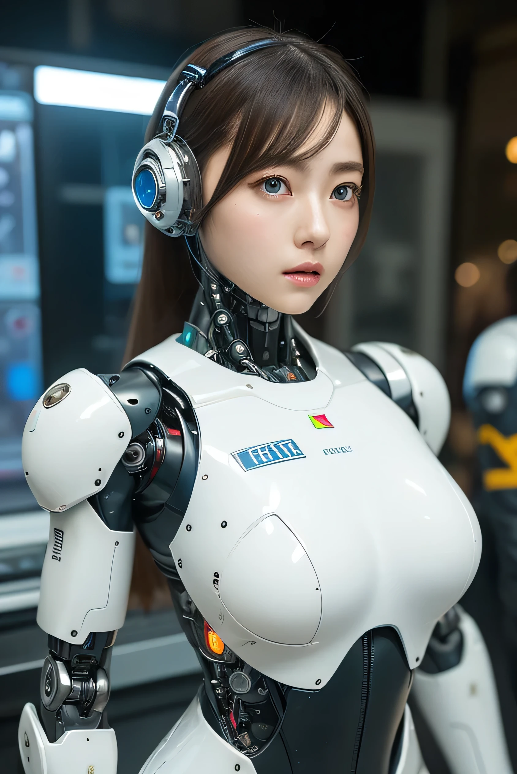 masterpiece, best quality, extremely detailed, Japanese android girl,Plump ,control panels,robot arms,robot,android,cyborg,white robot body,ceramic body,perfect robotgirl,police,police uniform,blue eyes,