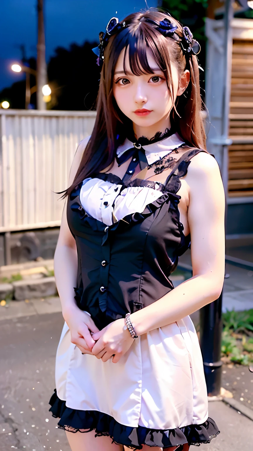 (Realistic, photo-Realistic:1.37), Unbelievably absurd, (Very detailed:1.3), 8K, (masterpiece), (Highest quality:1.4), (Ultra-high resolution:1.2), (RAW Photos:1.2), Very detailed背景, (unity 8K wallpaper), 1 nogizaka girl, very cute, (bishojo:1.35), (17yo:1.4 (white, Black and pink mine fashion), (Delicate and beautiful face, eye, skin), (Beautiful dress with intricate details), Gothic Maid, (Open chest), (Thick black shiny hair), (Elegant frills), (Blue rose hair accessory), (Smiling for the camera), whole body, Street view, Professional Lighting, 1 Girl, (Light pink hair)