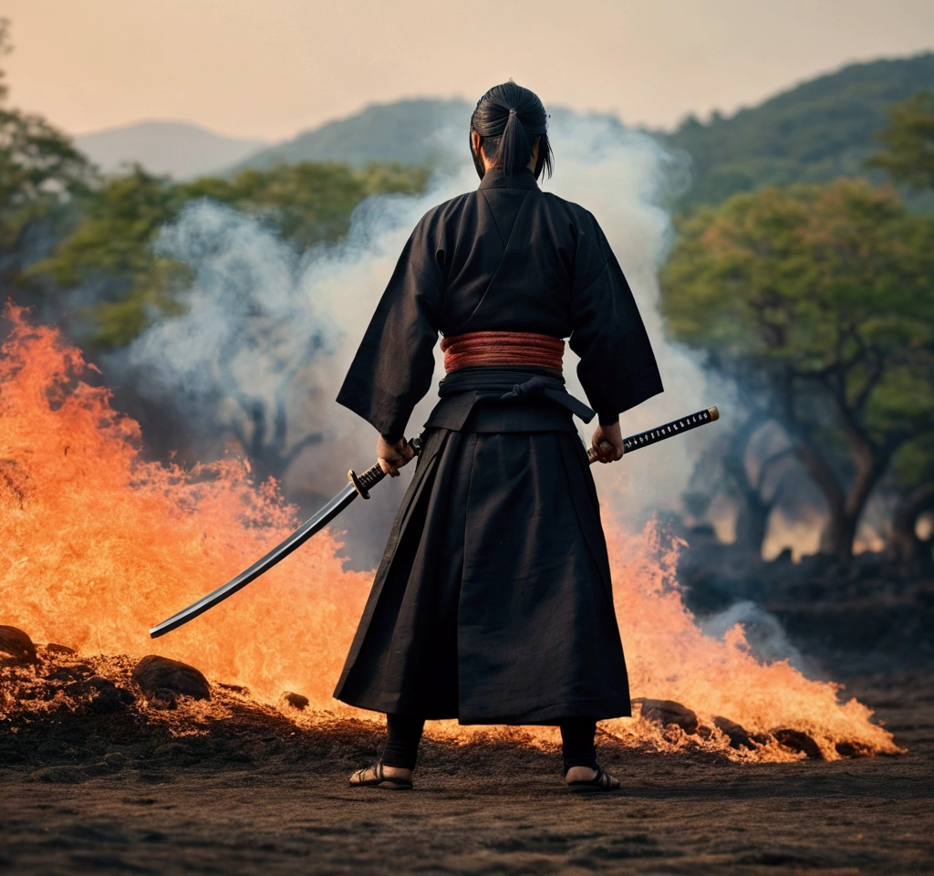 Samurai with a sword,Landscape, Realistic effect of wearing black hakama, The people are watching,Blur the background, 8K, Burning Fire,