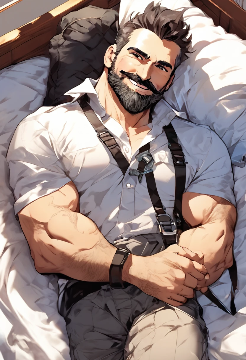 leon, gray beard, gray mustache on the nose, DILF, seductive, looking at the viewer, SMILE, loose boxers with white and blue checks , White shirt, shirt with harness, (posing) masculine, Alone, Anthro, gordo, Large size, Thick, cell shading, in bed lying down, whole body, From above, con la mano izquierda agarrando un preservativo masculine, with right hand touching the package