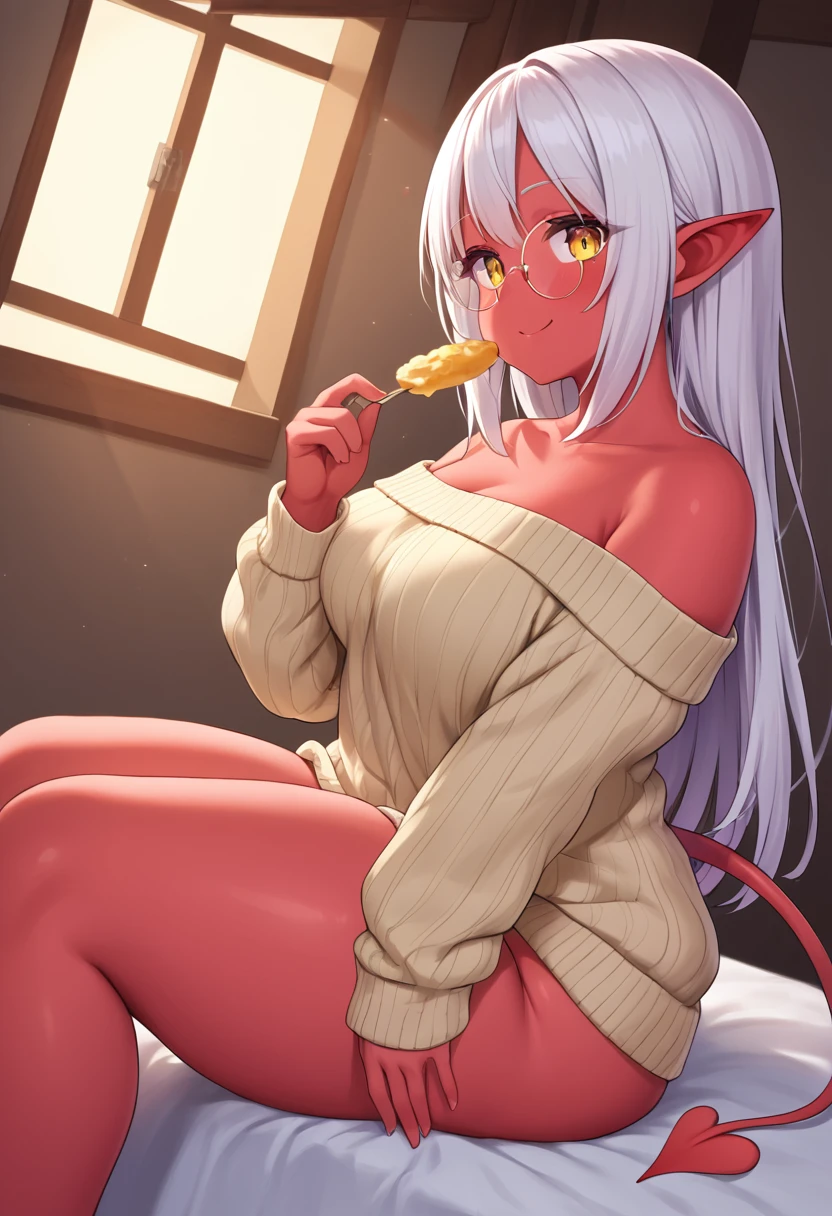 detailed illustration, (front view), (side view),dynamic angle, ultra-detailed, illustration, clean line art, shading, anime, detailed eyes, detailed face, beautiful face, dramatic lighting, detailed illustration, dynamic angle, ultra-detailed, illustration, (single woman: 1.8), masterpiece, masterwork, beautiful, (1 woman:1.8),
Succubus woman, young, timid, only wearing an oversized sweater, red skin, pinkish white hair, big round wire frame glasses, knitted ribbed sweater, sleeves too long, sweater goes down to knees, large chest, large thighs, massive hips, massive thighs, sitting on her knees, hands between her legs, long demon tail, pointy red ears, yellow cat eyes, long white hair, plump, smiling, breasts squeezed together, BBW, SSBBW, lots of junk in her trunk, ginormous ass, humongous hips, thicc thighs, sitting in a bed, eating bonbons