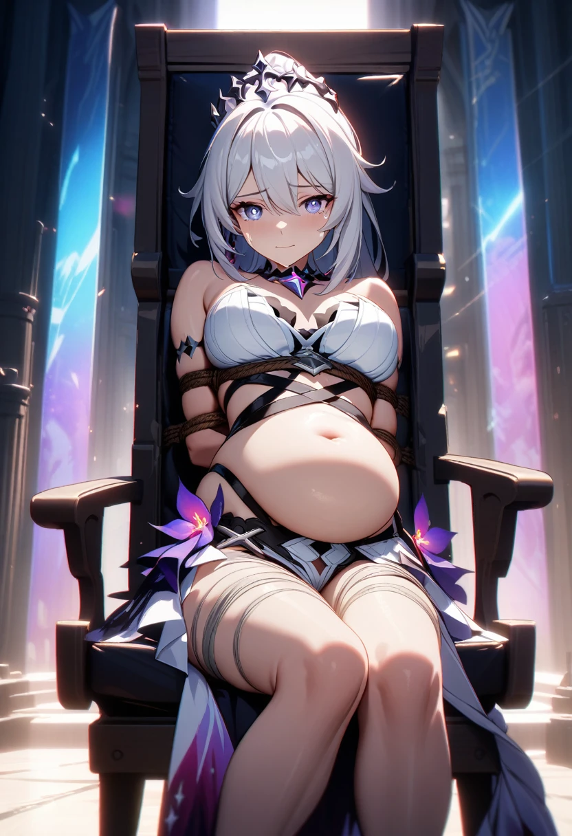 1girl, Kiana Kaslana \(Herrscher of Finality)\, Honkai Impact 3rd, ponytail, smile, ultra-detailed, 8k, masterpiece, cinematic, volumetric lighting, dramatic lighting, highly detailed face, beautiful detailed eyes, extremely detailed face, extremely detailed eyes, intricate details, striking pose, dynamic composition, vibrant colors, ambient occlusion, ray tracing, global illumination, sad, crying, looking at viewer, (chubby), chubby belly, fat rolls, belly hang, bondage, tied up, restrained, restricted, tied, harness, rope, arms behind back, hands behind back, sad, crying, looking at viewer, (chubby), chubby belly, fat rolls, belly hang, holding her belly, sitting in a chair