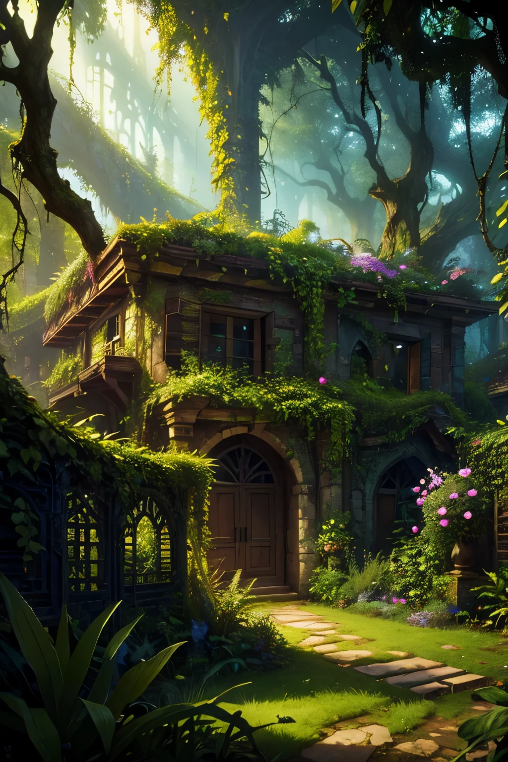 a lush, overgrown garden, vines and foliage in disarray, vibrant colors, mystical enchanted atmosphere, detailed fantasy landscape, highly detailed, photorealistic, 8k, masterpiece, dramatic lighting, moody tones, rich textures