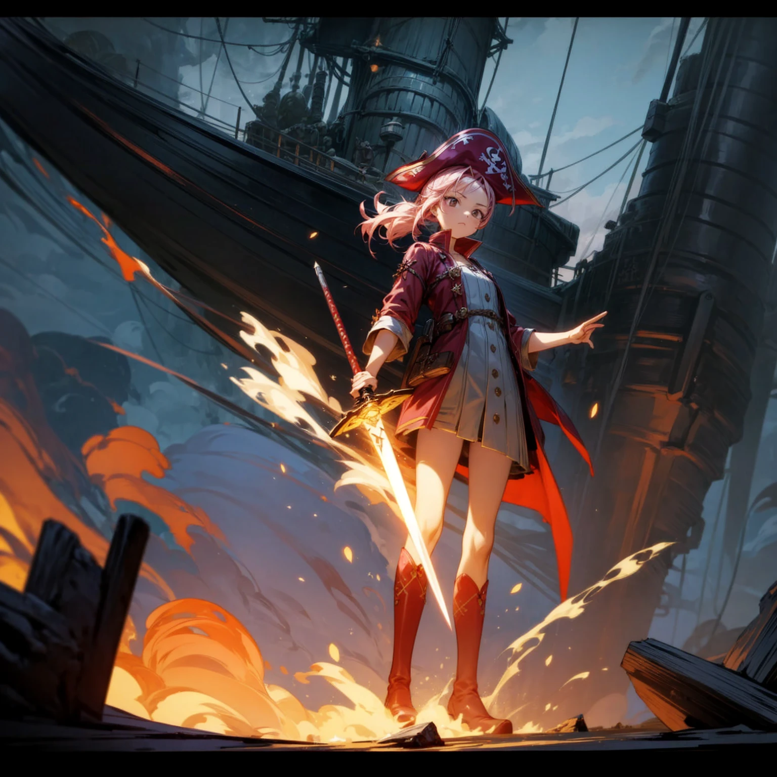 1girl, Full body version, 1character, girl version, black eyes, long Curly haircut, pink colour hair, ancient pirate style clothing, red colour clothing, long boots, Grassroots, background in sea, motion blur, (Hunter x Hunter style), sword Gladius in hang, pirate hat, pirate robe, smoke effect, aura effect, blue lighting, lightning sword, low angle view, fire, with ship pirates, normal gesture