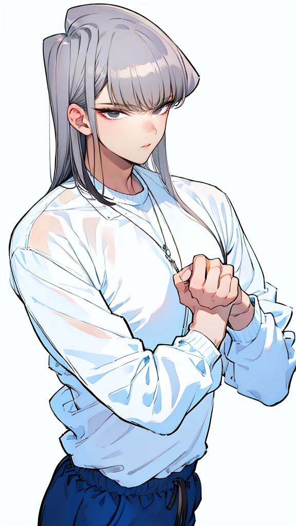 1 boy, gray-white hair, blue-gray eyes, skinny, casual plain black shirt, black casual pants, neckless and rings, absurdres, high res, ultrasharp, 8k, masterpiece, looking at viewer