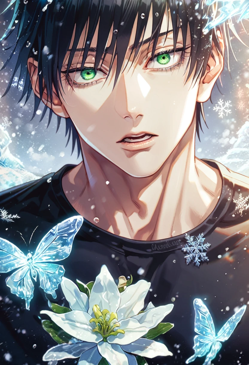 absurd resolution, high resolution, ultra detailed, detailed eyes, extremely detailed, HDR, 8K, delicated features, Fushiguro Touji, straight hair, black hair, expressive green eyes, Jujutsu Kaisen, sexy man, solo, handsome, black tight T-shirt, fantasy, magical, ice butterflies, snowing, snowflakes, ice lilies