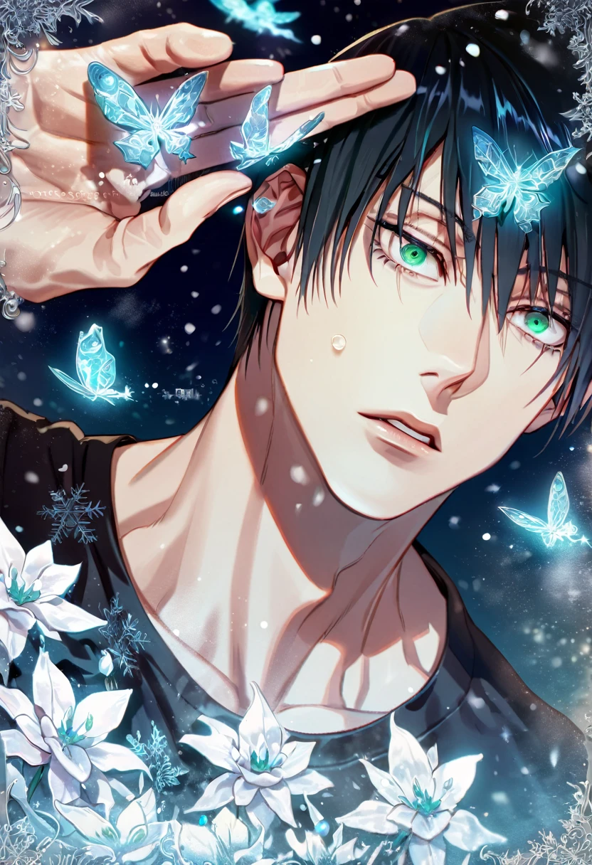 absurd resolution, high resolution, ultra detailed, detailed eyes, extremely detailed, HDR, 8K, delicated features, Fushiguro Touji, straight hair, black hair, expressive green eyes, Jujutsu Kaisen, sexy man, solo, handsome, black tight T-shirt, fantasy, magical, ice butterflies, snowing, snowflakes, ice lilies