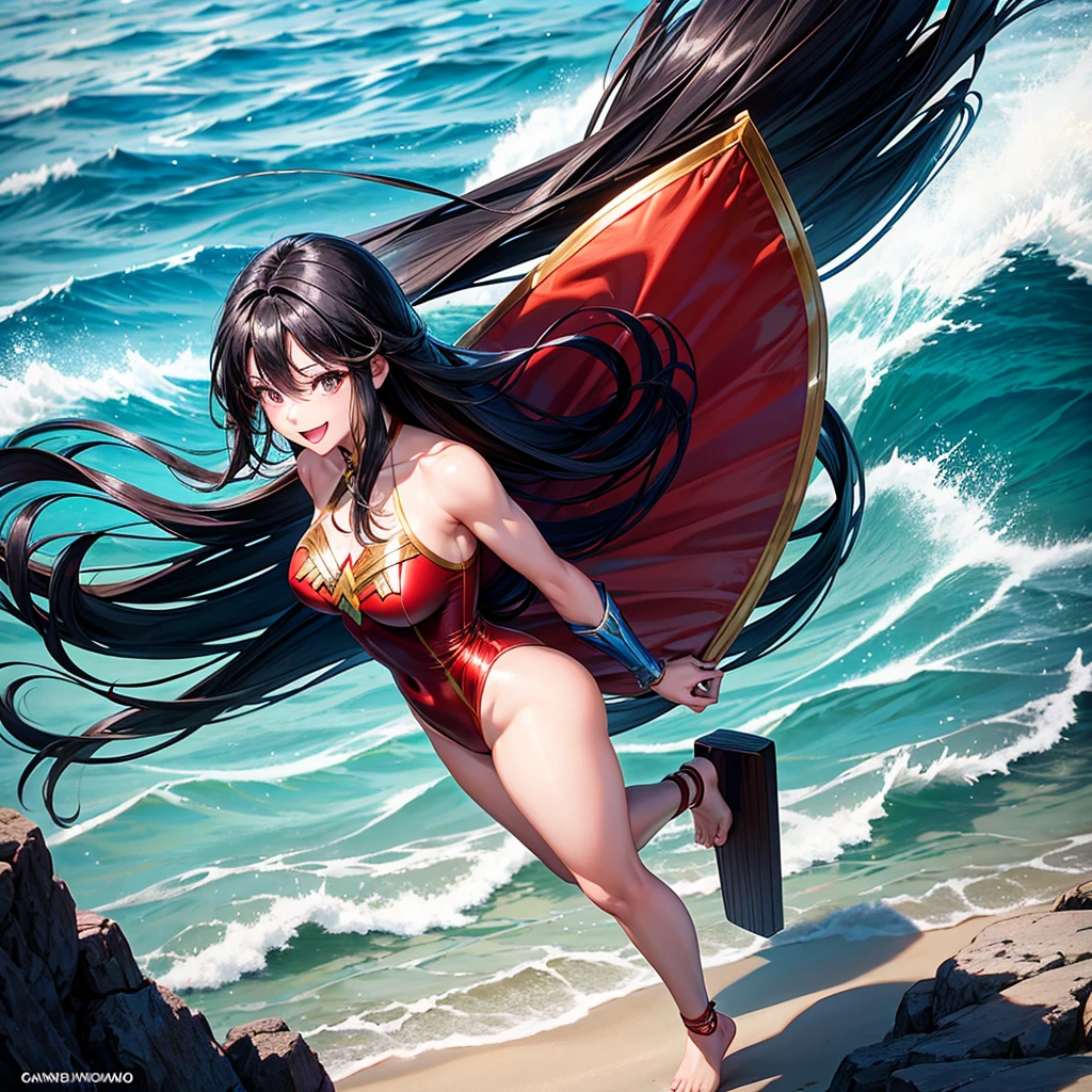 full body view of a Taiwanese girl, 20 years old, very beautiful, beautiful face, plump posture, long black hair, wearing a wonder woman beach costume swimsuit, standing hugging on the beach and smiling, with a young Indonesian man