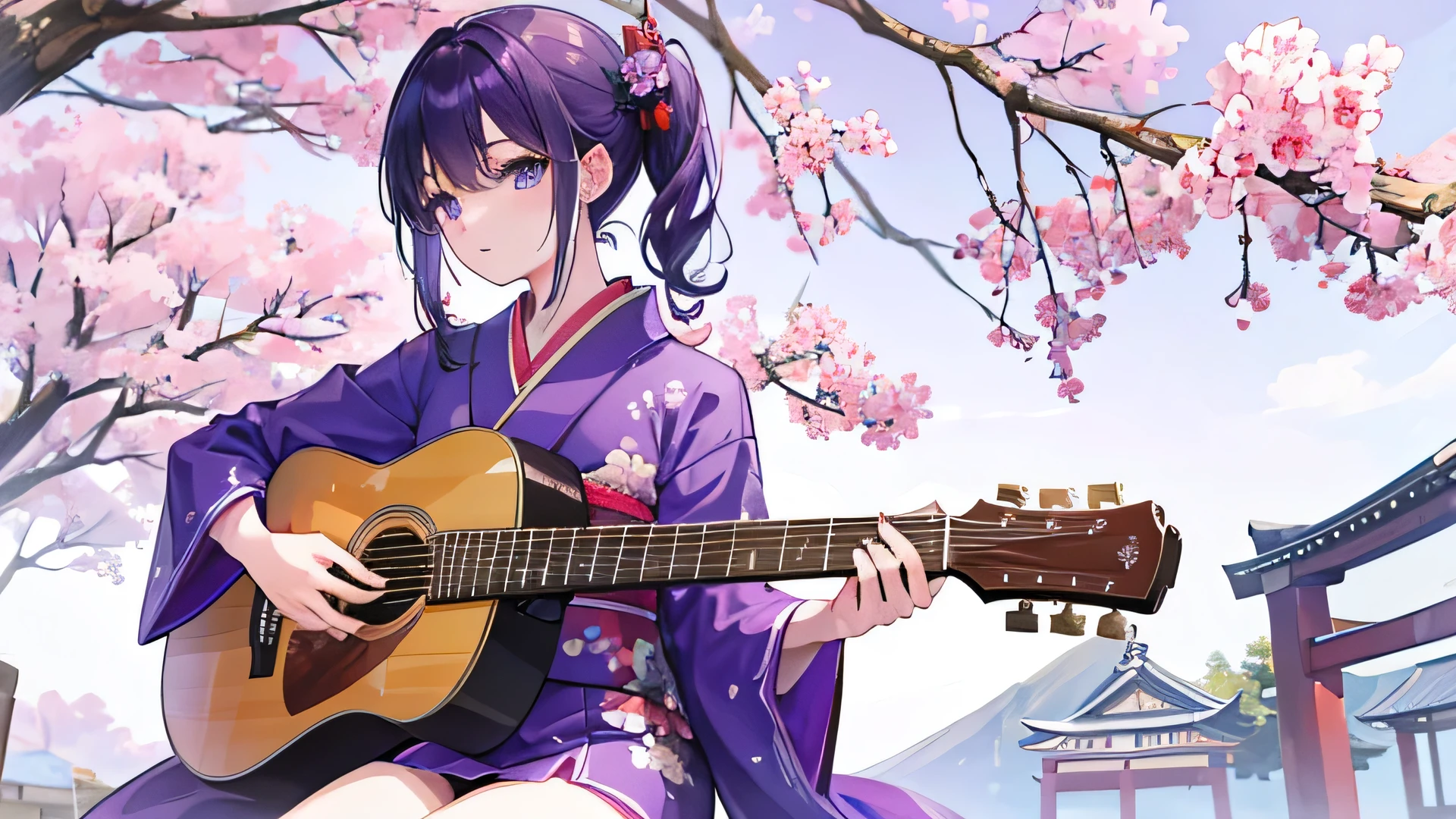 Acoustic guitarを弾く侍、20Generation of women、high resolution、((Purple kimono))Cherry tree々Behind the、(((Acoustic guitar)))string、 Japan((Japanese style))