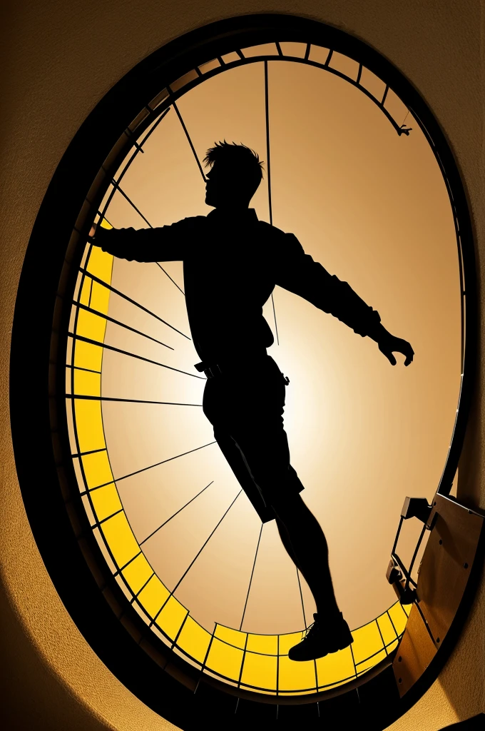Create a silhouette of a man inside a tired hamster wheel painting style 