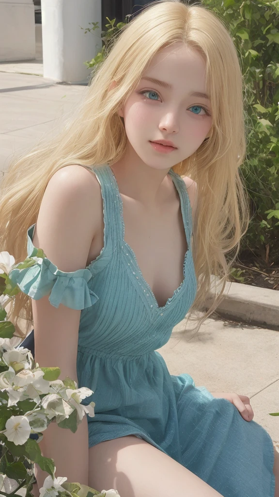 A beautiful 16-year-old blonde woman with green eyes 