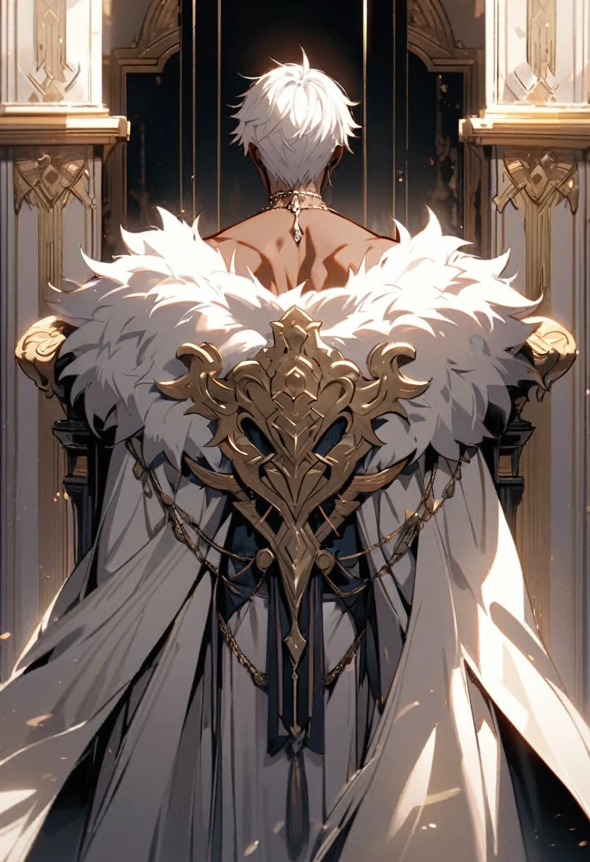Handsome, solo, 1 male, African man, short wild white hair, silver eyes, no shirt, white lion cloak, standing looking for a empty throne, back view