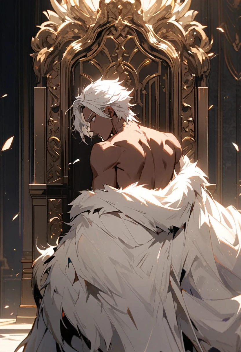 Handsome, solo, 1 male, African man, short wild white hair, silver eyes, no shirt, white lion cloak, standing looking for a empty throne, back view
