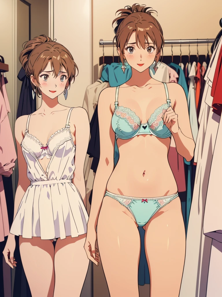 masterpiece, top quality, ultra detailed, ((((AIKA_SUMERAGI, folded ponytail, best anatomy, in underwear, (panties, elaborately designed luxury panties for adults, panties high definition images, draw panties with super precision), lace trimmed bra, extremely detailed texture, earrings, red lip, embarrassed, blush, smile)))), cowboy shot, (((underwear in dressing room))), white skin, (presenting panties), (display panties:1.5),holding panties with both hands