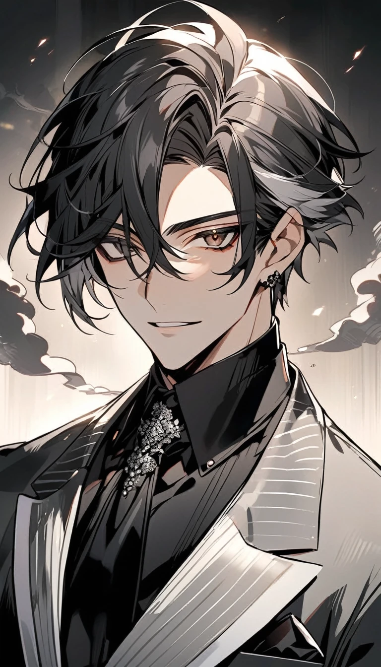 Handsome, solo, 1 male, short hair, black hair with smoke gray hair tips, brown eyes, black shirt, black and white suit
