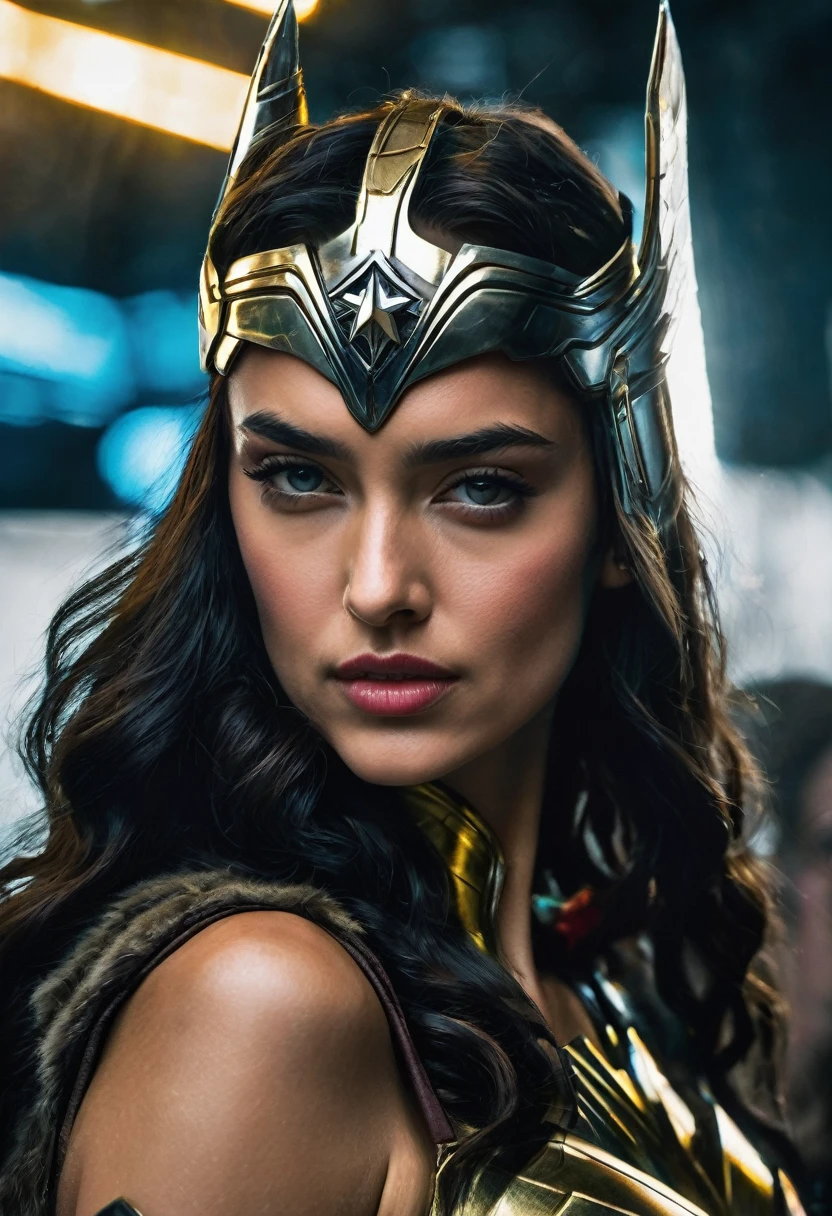 (((In extreme close-up, a cyber punk woman Irina Shayk under the mantle of the Amazon warrior (((a part of his head shaved))) Wonder Woman Diaema Cyber Punk front images color images Splash Wonder Woman Diaema Wonder Woman Cyber Punk))),(((a part of his head shaved))),(((Diaema Wonder Woman))),(((shaved))),(((black hair))),(((Diaema Led Wonder Woman))),(((Diaema Led Wonder Woman))),(((shaved))),(((tiara))), Diaema Wonder Woman))),(((tiara))),(((Front images))),(((Images only from the front))),(((head on)))