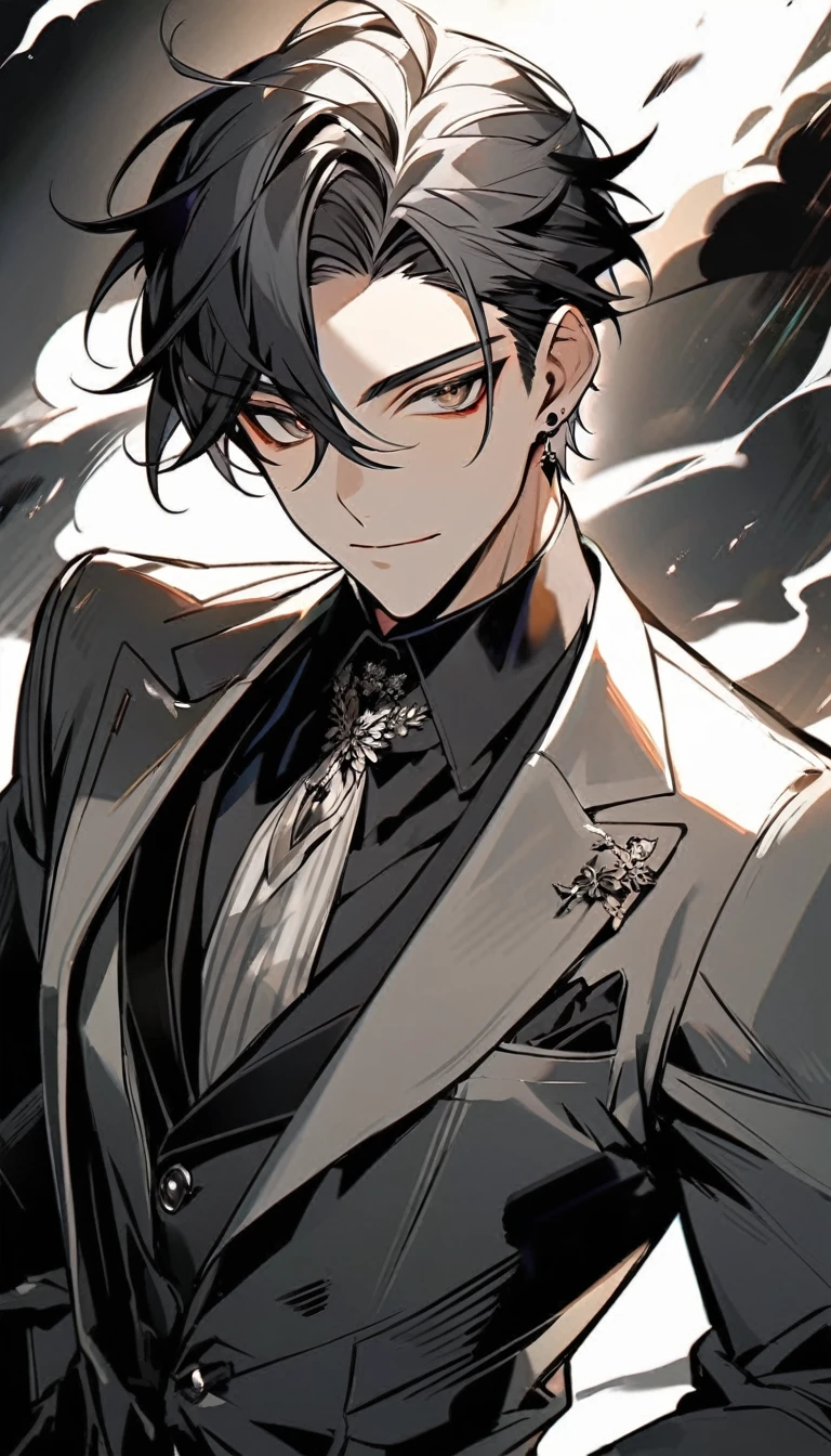 Handsome, solo, 1 male, short hair, black hair with smoke gray hair tips, brown eyes, black shirt, black and white suit