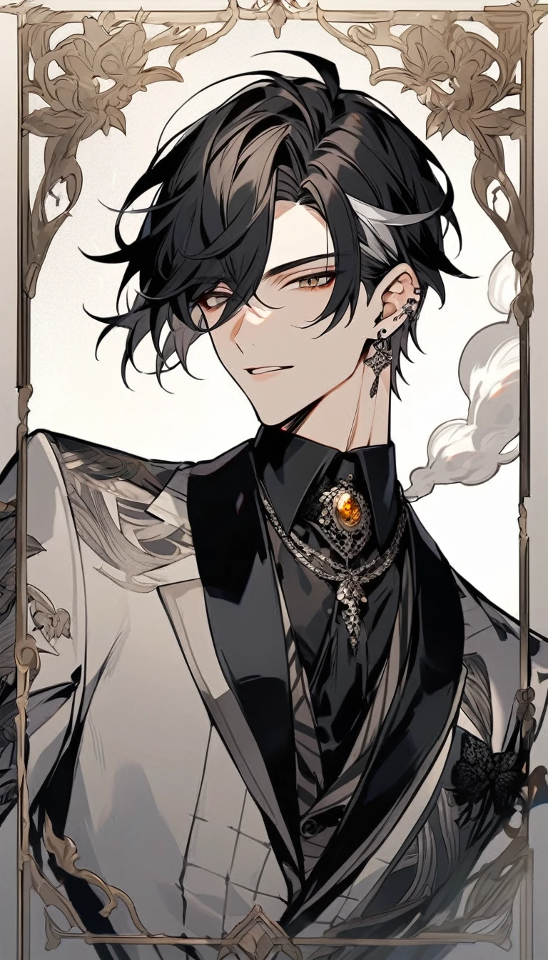 Handsome, solo, 1 male, short hair, black hair with smoke gray hair tips, brown eyes, black shirt, black and white suit
