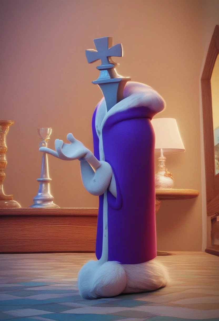 kinger, 1boy, solo, alder wood-colored king chess piece character, violet royal cloak with white fuzzy lining spotted with black, cartoonish white-gloved hands detached from body, large asymmetrical eyes, full body, source, no humans, blue eyes, 3d, source_cartoon, sleeveless, eyeballs, no mouth, white gloves