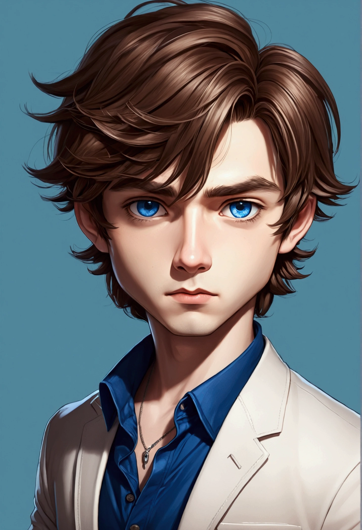drawing style, MAKE A MALE CHIBI CHARACTER ,just the face, brownhair, blue colored eyes, stylish clothes, haughty