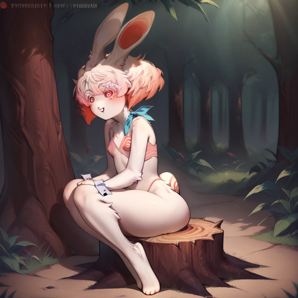 score_9, score_8_up, score_7_up, score_6_up, score_5_up, score_4_up, outdoors, nature BREAK
 imabunbun, furry, rabbit girl, rabbit ears, two-tone hair, white fur, red eyes, spiral eyes, animal nose, short hair, 1girl, solo, BREAK
sitting, stump, feet