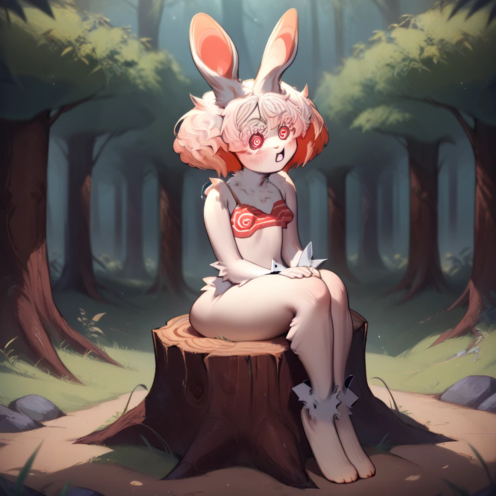 score_9, score_8_up, score_7_up, score_6_up, score_5_up, score_4_up, outdoors, nature BREAK
imabunbun, furry, rabbit girl, rabbit ears, two-tone hair, white fur, red eyes, spiral eyes, animal nose, short hair, 1girl, solo, BREAK
sitting, stump, feet