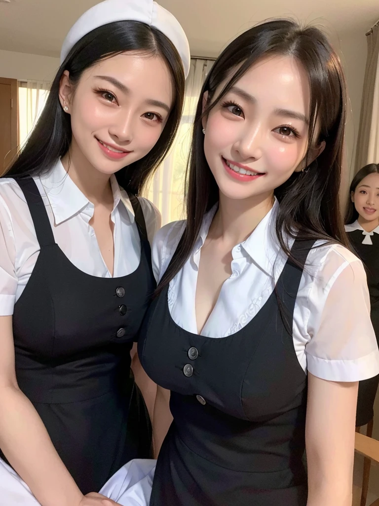 Highest quality、masterpiece、8K、Very detailed、Realistic、(Two Women)、(Looking at me with a smile:1.5)、0 years old)、(Wrinkles around the eyes)、(Wrinkles around the mouth)、whole body、Black Hair、Small face、(Slender:1.2)、(Big Breasts)、(Erect nipples:1.2)、(Waitress Uniform:1.2)