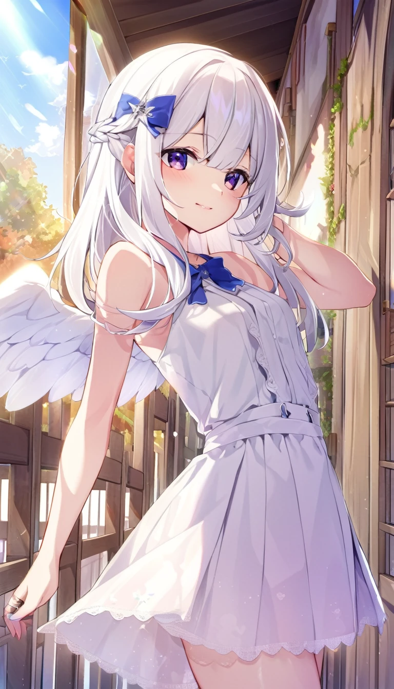 one girl, angel, angel wing, angel ring, cute, naive, beautiful, white hair
