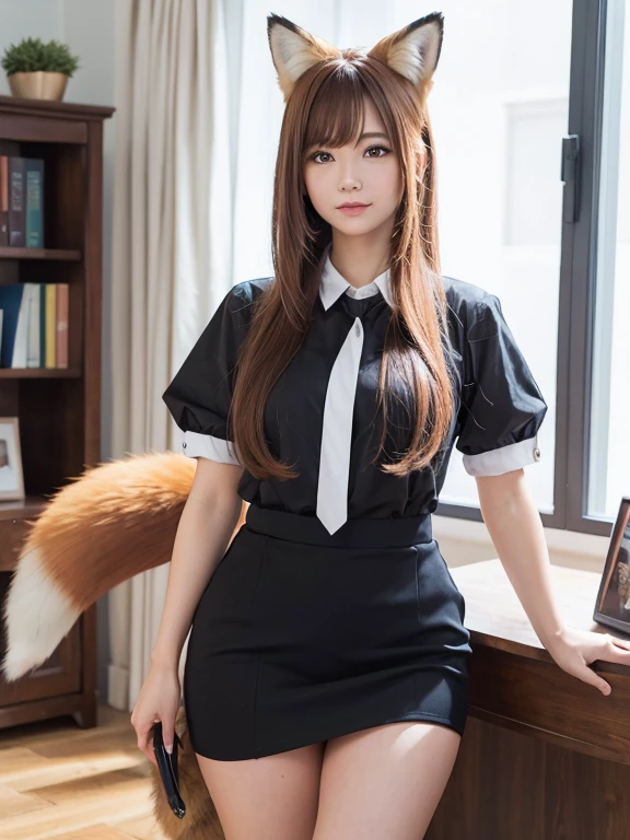 ((Highest quality)), ((masterpiece)), (Familiar), Perfect Face, fox lady, Pretty girl, Fox Ears, Fox tail, She has a northern fox tail, She wags her fluffy tail, She is a pretty office worker., Beautiful hip line, Thick thighs, One big tail, The tail sticks out from under the skirt, Nice body, Shyly staring at his tail, Only one tail, a shy face