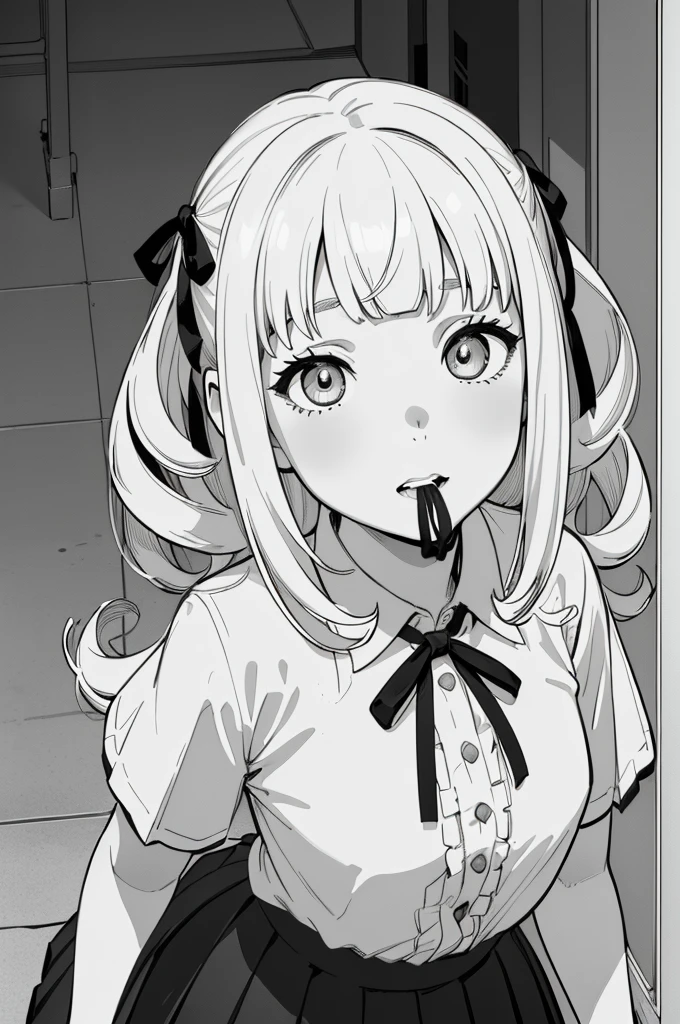 高いest quality、masterpiece、((She is alone:1.3))、((1 Girl:1.3))、((Her eyes are single、Her eyes are fished out:1.5))、((Her mouth is big、White teeth stand out:1.5))、((Very nice teeth))、(((She has her bangs down:1.8)))、(((Her bangs are straight:1.8)))、((Natural Curl:1.3))、((curly hair up to shoulders))、((Gray Hair))、Detailed face、 (Comic style illustration:1.8), (Line art_anime),(Black and White:1.3),(Monotony_High contrast:1.5),((high school girl)),((ribbon、Short-sleeved shirt、Pleated skirt:1.5))、School background,(I'm putting my hands on my hips:1.2)、