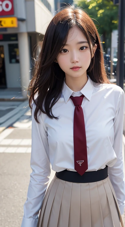 (masutepiece, Best Quality:1.2), 8K, 18year old, 85 mm, Official art, Raw photo, absurderes, White dress shirts, Pretty Face, close up, Upper body, violaceaess, gardeniass, Beautiful Girl, , (Beige cardigan、Navy pleated skirt:1.1), Cinch West, thighs thighs thighs thighs, Hair over one eye, In the street, Looking at Viewer, No makeup, (Smile:0.4), Film grain, chromatic abberation, Sharp Focus, face lights, clear lighting, , Detailed face, Bokeh background, (dark red necktie:1.1)、Colossal