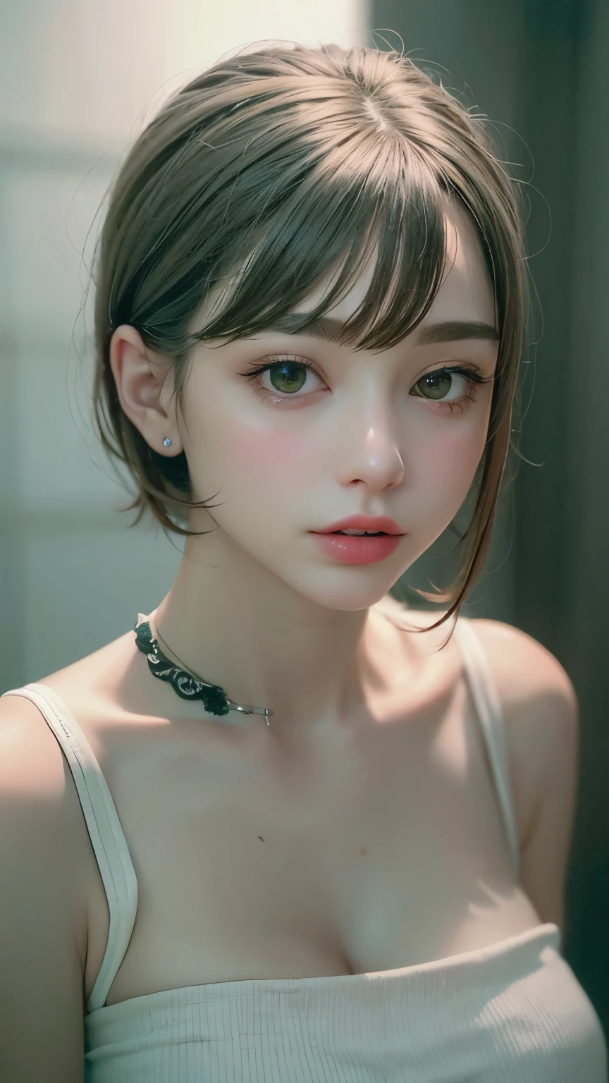 Masterpiece hyperrealist & Photorealistic beautiful girl, Realistic Skin (Pore-filled skin) Short Bob Cut Hair, Realistic red lips,Punk Girl, (head shot:1.5),Shorts