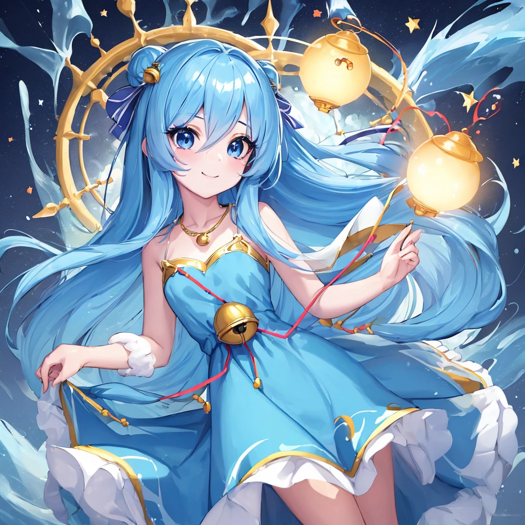((Top quality、8K、masterpiece:1.3))、Very charming girl,Blue Skin,Round Face,big eyes,Long eyelashes,Small red nose,Smiling arc mouth,Wearing a bell necklace,Wear a dress with bells and pockets,Light blue long hair,Light blue hair。full-body shot,Blue dress with exquisite design,Clear bell details,Smooth and fair skin,Bright Light,Background with cartoon style scene of Shizuka's home or school,The overall picture is cute and full of childishness,Keeping the elements of Doraemon but with feminine features。