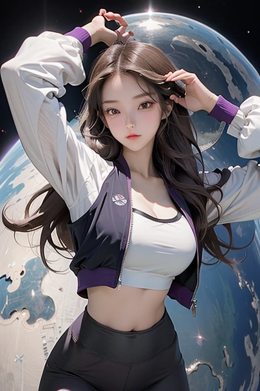 beautiful girl, 20 years old, long brown hair, space helmet, purple sports jacket, white sports bra, black yoga pants, fake , cleavage, hands behind head, running pose, angle from below, outer space background, full body photography, zoomed out
