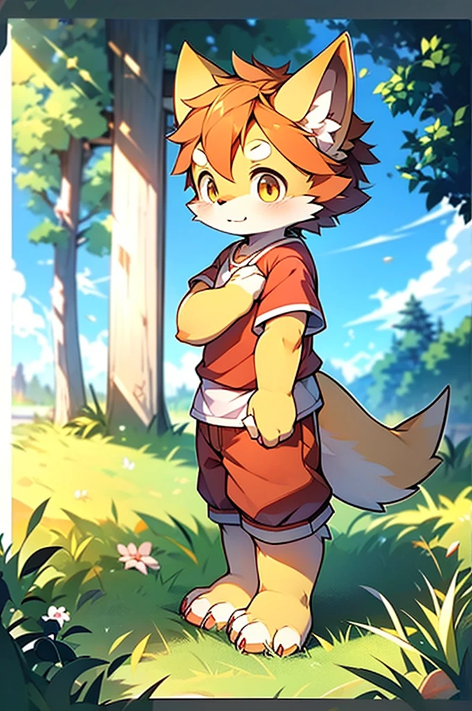 shaggy，shaggy，Golden fur，Golden fur，Golden fur，Golden fur，Golden hair，male people，canid，adolable，The little fox，The little fox，The little fox，adolable，solo person，sharp talons，Detailed fur，Golden eyes，Thick eyebrows，Fluffy tail，red short sleeves，short white pants，ultra - detailed：1.0，Libido boy，toddlers，children，children's，Gamine，Beast too，adolable，adolable，Shota（Via Dagasi：1.1），anatomy correct，Barefoot，Red Claw，Bare claws，Barefoot paws，Barefoot paws，standing on your feet，attention，bald-headed，Animal foot paws，lawns，grassy fields，On the lawn，on a grassy field，Tread on the grass，Trampling on small grass，Tread on the grass，Trampling the meadow，Tread on the lawn，Trampling the lawn，bald-headed，balding，balding