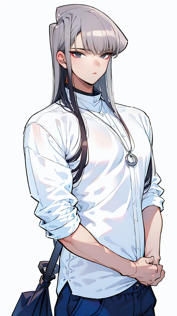 1 boy, gray-white hair, blue-gray eyes, skinny, casual plain black shirt, black casual pants, neckless and rings, absurdres, high res, ultrasharp, 8k, masterpiece, looking at viewer