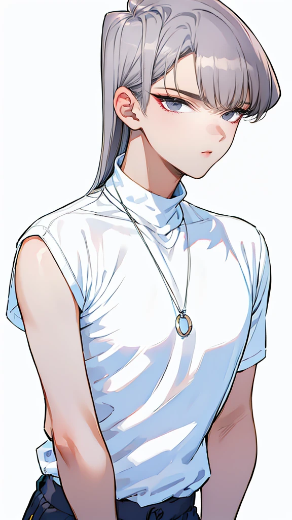 1 boy, gray-white hair, blue-gray eyes, skinny, casual plain black shirt, black casual pants, neckless and rings, absurdres, high res, ultrasharp, 8k, masterpiece, looking at viewer