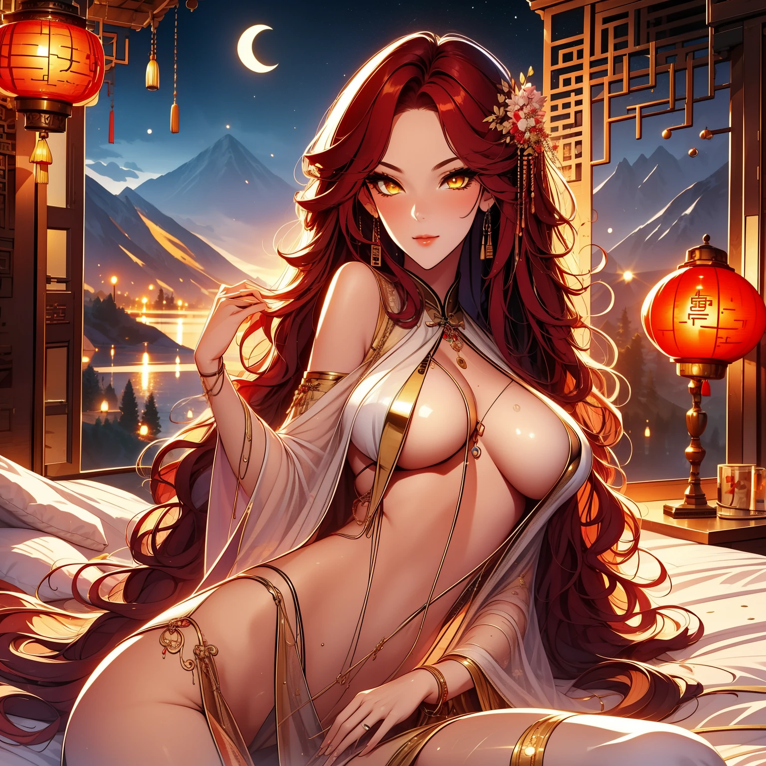 beautiful, marika, queen marika, wavy red hair, golden eyes, chest, sexy, sensual, starry sky, mountains in the background, night, at night, dark night, seductive, alone, solo, solo girl, 1 girl, full moon, chinese style bedroom, naked, wet vagina, beautiful vagina, bare chest, shapely breasts.