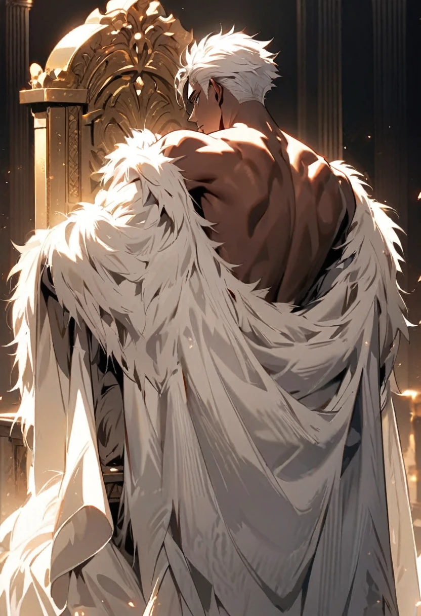 Handsome, solo, 1 male, African man, short wild white hair,  silver eyes, no shirt, dressing white lion cloak, standing looking for a empty throne, back view