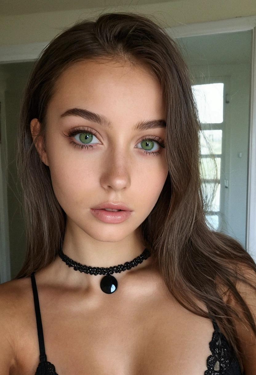 femme arafée avec un bikini noir et un collier, fille sexy aux yeux verts, portrait sophie mudd, cheveux bruns et grands yeux, selfie d'une jeune femme, yeux de la chambre, violette myers, sans maquillage, maquillage naturel, regarder directement la caméra dans le miroir, visage avec artgram, maquillage subtil, superbe selfie dans le miroir, yeux verts perçants, en lingerie noir