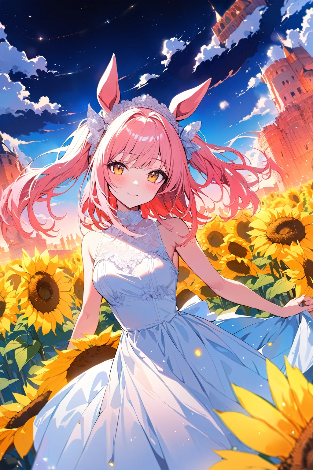 masterpiece, best quality, high quality, ultra detailed, detailed, hyper detailed, insanely detailed, 4K, 8K, highres, super fine Illustration, bokeh, colorful background, bloom, glow, powder lighting,
1girl, solo, pink hair, twintails, horse ears, looking at viewer, gentle smile, light atmosphere, (light particles),
sunset, golden hour, colorful sunset, beautifull sky,
floating hair, floating clothes, wind, cloud, white maid, white dress, bare shoulders, sunflowers, many sunflowers, palace, Castle, duch angle, lens flare, watercolor,