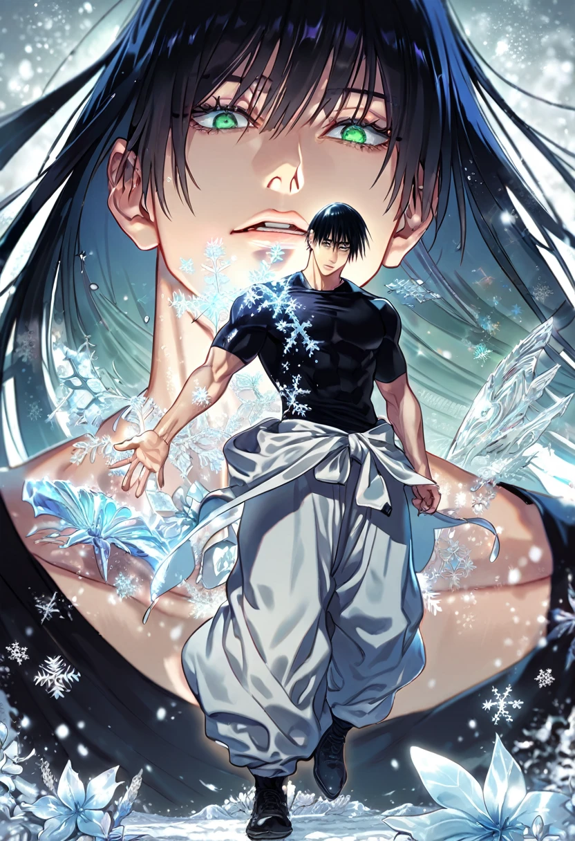 absurd resolution, high resolution, ultra detailed, detailed eyes, extremely detailed, HDR, 8K, delicated features, Fushiguro Touji, straight hair, black hair, expressive green eyes, Jujutsu Kaisen, sexy man, solo, handsome, black tight T-shirt, whitw baggy pants, fantasy, magical, ice butterflies, snowing, snowflakes, ice lilies