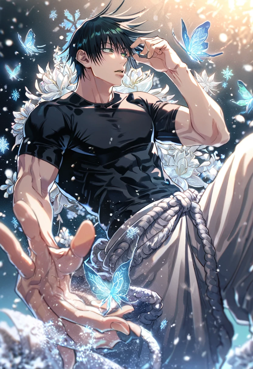 absurd resolution, high resolution, ultra detailed, detailed eyes, extremely detailed, HDR, 8K, delicated features, Fushiguro Touji, straight hair, black hair, expressive green eyes, Jujutsu Kaisen, sexy man, solo, handsome, black tight T-shirt, whitw baggy pants, fantasy, magical, ice butterflies, snowing, snowflakes, ice lilies