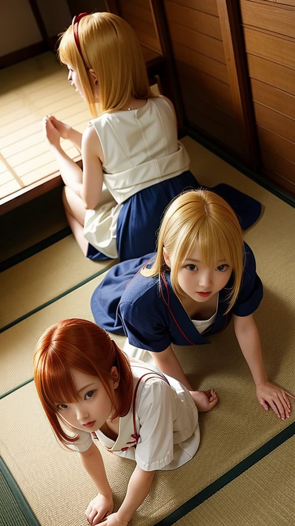 (Natural blonde and redhead Japanese girls with cute faces), (((Cute dress:1.4, On all fours))), (Perfect proportions), Atmospheric, Dark atmosphere, (Naughty lighting), ((Sayaka Yamamoto's facial features)), 8K, Full 体 portrait, Natural light, Spooky greenhouse at night, Sharp focus, (Highly detailed eyes and face:1.1, Professional photography techniques), (Beautiful small face, beautiful girl, high school student, Idol Face:1.2, Baby Face),, Happy, K UHD, Hmph, Beautiful and soft skin, Vibrant Skin, blush, ((Beautiful breasts:1.4, Cleavage)), (Small beautiful butt), (Detailed hands and arms:1.2), (Beautiful little hands of a girl:1.2, Nasty hands:1.2), (Perfect Anatomy:1.4), (Highest quality, Masterpiece, Highest quality, Ultra high definition, Photorealism:1.4), (A mean look:1.3), (Detailed legs:1.2)